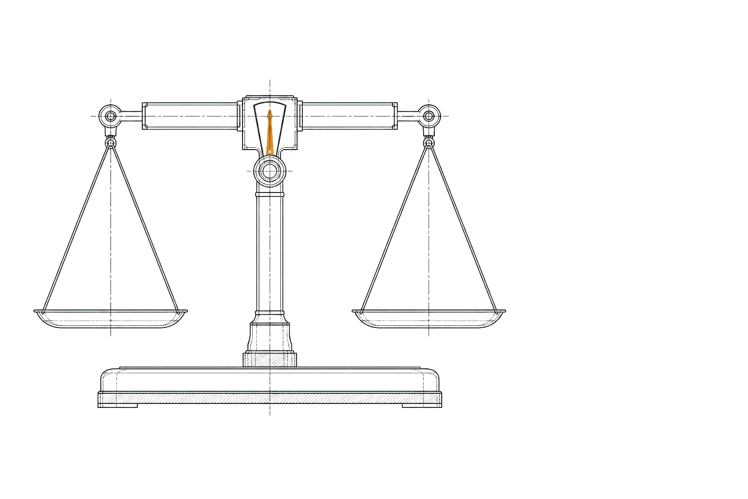 Front-view technical illustration of a balance scale representing a controlled exchange of value.