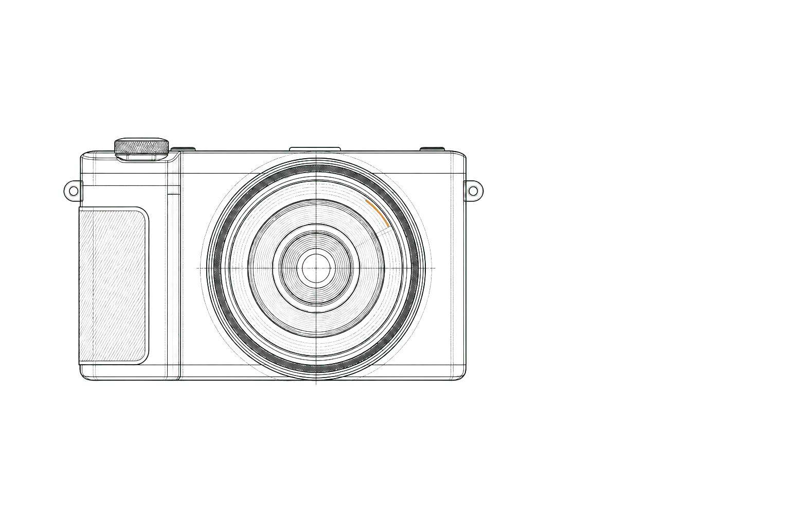 Front-view technical illustration of a camera representing authentic customer photo and video reviews.